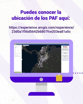 Parte gráfica: Parte superior: Texto principal en morado, con la frase destacada en negrita. Centro: Dirección web (enlace de ArcGIS) en color morado. Parte inferior: Ilustración de un computador de escritorio en tonos morados y grises. En la pantalla se muestra un mapa de Colombia con múltiples puntos marcados (ubicaciones de los PAF). Detalles adicionales: un pequeño rectángulo amarillo (nota adhesiva) en la parte inferior del monitor y una línea punteada morada en el borde derecho como elemento decorativo. Textos: “Puedes conocer la ubicación de los PAF aquí:” 👉 https://experience.arcgis.com/experience/23d0a1f56d5642b6807fce203ea81a5c
