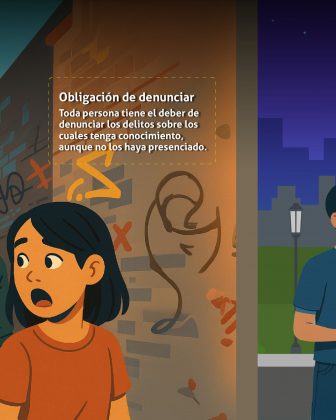 n esta imagen se muestra una ilustración informativa con un mensaje educativo sobre el deber ciudadano de denunciar delitos. En el lado izquierdo aparece una persona joven mirando hacia atrás con expresión de sorpresa o preocupación, en lo que parece ser una calle con muros cubiertos de grafitis. En la parte superior izquierda se lee el texto principal del mensaje: Obligación de denunciar Toda persona tiene el deber de denunciar los delitos sobre los cuales tenga conocimiento, aunque no los haya presenciado. El fondo y la composición transmiten una sensación de alerta y conciencia ciudadana, reforzando la idea de que denunciar es una responsabilidad de todos, incluso cuando no se es testigo directo del delito.