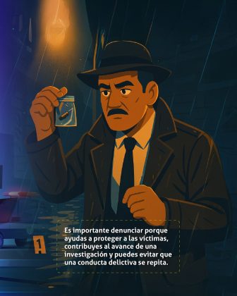 La imagen muestra una ilustración educativa ambientada en un parque o zona pública durante la noche. A la izquierda, se ve a un hombre joven hablando con un policía, posiblemente para ofrecer información o realizar una denuncia. El oficial escucha con gesto serio y atento. En la parte superior aparece un recuadro con el texto informativo: ¿Qué significa “tener conocimiento”? • Escuchar sobre la real ocurrencia de una conducta delictiva. • Observar evidencias o documentos que puedan tener calidad de prueba. El mensaje busca aclarar el concepto de “tener conocimiento” en el contexto legal, indicando que no es necesario presenciar un delito directamente para estar en el deber de denunciarlo: basta con haber recibido información confiable o tener acceso a pruebas que lo indiquen.