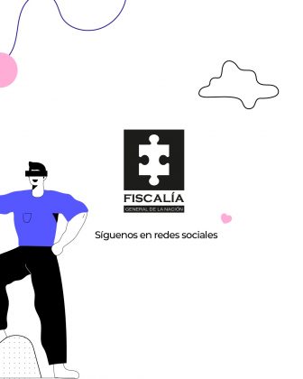 La imagen tiene un fondo blanco con una figura humana en colores negro y azul. En el centro se encuentra el logo de la Fiscalía.