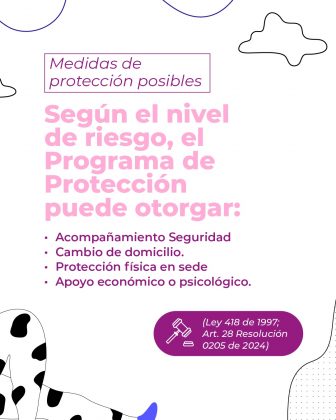 La imagen tiene un fondo blanco con ilustraciones abstractas en blanco y negro, líneas onduladas y detalles en rosa y morado. En la parte inferior aparece un ícono de mazo judicial con un recuadro que contiene referencias legales. Texto literal de la imagen: Medidas de protección posibles Según el nivel de riesgo, el Programa de Protección puede otorgar: • Acompañamiento Seguridad • Cambio de domicilio. • Protección física en sede • Apoyo económico o psicológico. (Ley 418 de 1997; Art. 28 Resolución 0205 de 2024)