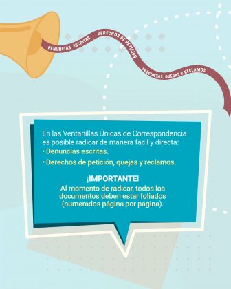 En la parte gráfica, la imagen tiene un fondo azul claro con detalles geométricos y líneas punteadas blancas que aportan dinamismo y movimiento. En la esquina superior izquierda se observa un megáfono color amarillo mostaza, del cual sale una cinta ondulada color vino tinto con las frases “DENUNCIAS ESCRITAS”, “DERECHOS DE PETICIÓN” y “PREGUNTAS, QUEJAS Y RECLAMOS”, simbolizando los diferentes tipos de documentos que pueden radicarse. En la parte inferior se encuentra un globo de texto con forma de cuadro de diálogo, fondo azul turquesa y borde blanco, que contiene la información principal. El texto literal que aparece en la imagen dice: En las Ventanillas Únicas de Correspondencia es posible radicar de manera fácil y directa: • Denuncias escritas. • Derechos de petición, quejas y reclamos. ¡IMPORTANTE! Al momento de radicar, todos los documentos deben estar foliados (numerados página por página).