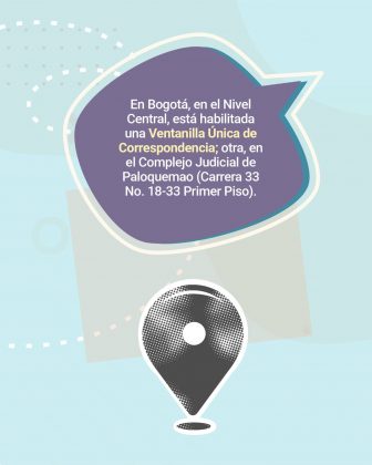 Parte gráfica: El diseño presenta un fondo en tonos pastel, con predominio del azul claro y figuras geométricas suaves que aportan dinamismo sin saturar el contenido. En el centro superior se destaca un globo de diálogo en color violeta con borde blanco y celeste, que contiene el texto principal. En la parte inferior, un ícono grande de ubicación (pin de mapa) en escala de grises simboliza el lugar físico de atención. Pequeñas líneas punteadas en color blanco recorren el fondo, sugiriendo movimiento y guiando la mirada hacia el mensaje principal. Textos literales: “En Bogotá, en el Nivel Central, está habilitada una Ventanilla Única de Correspondencia; otra, en el Complejo Judicial de Paloquemao (Carrera 33 No. 18-33 Primer Piso).”