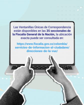 En la parte gráfica, la imagen presenta un fondo azul claro con detalles geométricos y líneas punteadas que aportan dinamismo y coherencia con la línea visual de las piezas anteriores. En el centro destaca una computadora portátil abierta, cuya pantalla muestra la información principal. En la parte inferior, aparecen dos manos en blanco y negro con efecto de puntos (halftone), ambas apuntando hacia arriba en dirección a la pantalla, lo que refuerza visualmente la acción de consultar información en línea. Los tonos predominantes son azul, blanco y negro, transmitiendo formalidad y modernidad. El texto literal que contiene la imagen dice: Las Ventanillas Únicas de Correspondencia están disponibles en las 35 seccionales de la Fiscalía General de la Nación, la ubicación exacta puede ser consultada en: https://www.fiscalia.gov.co/colombia/servicios-de-informacion-al-ciudadano/direcciones-de-la-vuc/