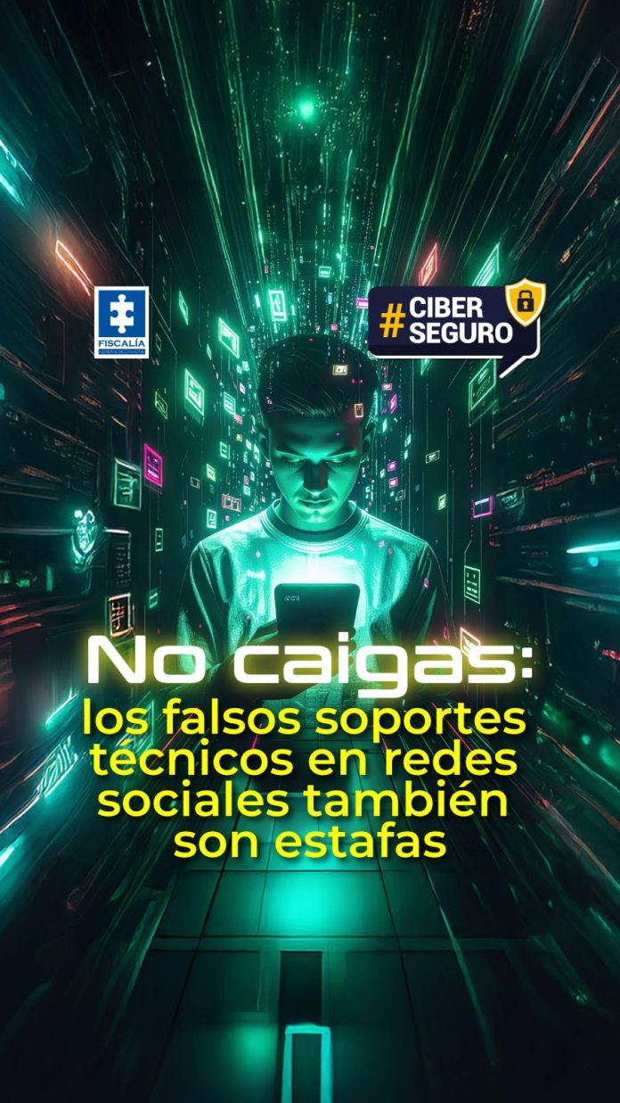 En la imagen se observa un diseño digital de estilo futurista. En el centro, aparece una persona mirando un teléfono móvil que emite una luz verde brillante, la cual ilumina su rostro y el entorno. A su alrededor se ven múltiples líneas y símbolos luminosos que simulan un entorno tecnológico o cibernético, como si estuviera dentro de una red digital o un sistema informático. En la parte inferior se lee el texto en letras grandes y luminosas: “No caigas: los falsos soportes técnicos en redes sociales también son estafas” En la esquina superior derecha hay un recuadro con el texto #CiberSeguro y un ícono de candado amarillo, mientras que en la parte inferior izquierda aparece el logo de la Fiscalía General de la Nación.