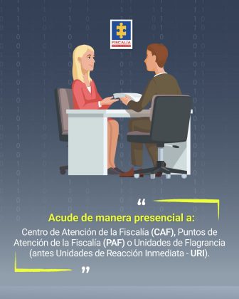 Fondo oscuro con un patr&oacute;n de n&uacute;meros binarios (0 y 1), que refuerza la tem&aacute;tica digital y tecnol&oacute;gica. Elementos gr&aacute;ficos: Dos personas sentadas frente a frente en una mesa, simulando una atenci&oacute;n presencial. Sobre la mesa hay documentos, lo que sugiere que se est&aacute; realizando un tr&aacute;mite o denuncia. En la parte superior, aparece el logo de la Fiscal&iacute;a. Texto principal: En letras amarillas destacadas: &ldquo;Acude de manera presencial a:&rdquo; Debajo, en texto blanco, se indica d&oacute;nde se puede acudir: Centro de Atenci&oacute;n de la Fiscal&iacute;a (CAF). Puntos de Atenci&oacute;n de la Fiscal&iacute;a (PAF). Unidades de Flagrancia (antes Unidades de Reacci&oacute;n Inmediata - URI). Colores predominantes: Amarillo para resaltar lo importante, blanco para el texto explicativo, y tonos grises y azules en el fondo.