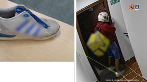 En la imagen están los tennis incautados en la vivienda de uno de los condenados y al lado otra imagen donde muestran a uno de los procesados ken la puerta de la víctima con los mismos tennis