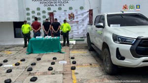 Se visualiza a los capturados de espaldas junto a dos uniformados de la Policía Nacional. Frente a ellos la sustancia estupefaciente y elementos incautados. Detrás de ellos los banners que identifican a la Policía y Ejército Nacional. 