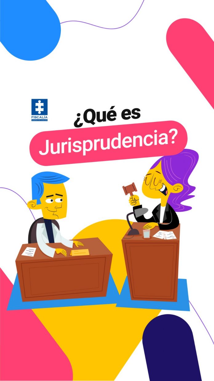 En la imagen se ve a dos personas en un estrados, un hombre y una mujer, en caricatura. En la parte de arriba está el logo de la Fiscalía y luego la frase en signo de interrogación que dice ¿qué es jurisprudencia)