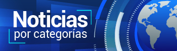 Banner con el texto "noticias por categorías". Es de color azul y tiene un mapa del mundo en el costado derecho.