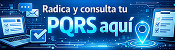 Imagen horizontal de diseño institucional y tecnológico, con predominio de tonos azules y efectos luminosos. En el centro se lee el texto: “Radica y consulta tu PQRS aquí”, donde “PQRS” aparece resaltado en tipografía grande y de color azul claro, mientras el resto del texto es blanco. El fondo presenta ilustraciones digitales de un computador portátil, íconos de mensajes, listas de verificación, documentos y una ubicación tipo marcador, que simbolizan trámites, comunicación y seguimiento de solicitudes. Los elementos gráficos están integrados con líneas y circuitos luminosos que refuerzan la idea de entorno digital y gestión en línea. La composición sugiere una herramienta virtual para radicar y consultar peticiones, quejas, reclamos y sugerencias.