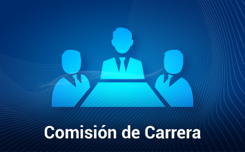 Imagen de fondo azul oscuro en donde se puede ver el icono de "Reunion" en un tono azul más claro, debajo de el en texto se puede leer "Comisión de Carrera"