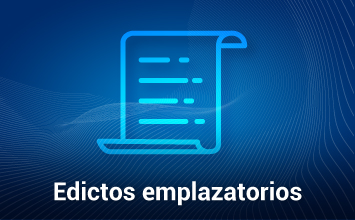 Imagen de fondo azul oscuro en donde se puede ver el icono de "documento" en un tono azul más claro, debajo de el en texto se puede leer "edictos emplazatorios"