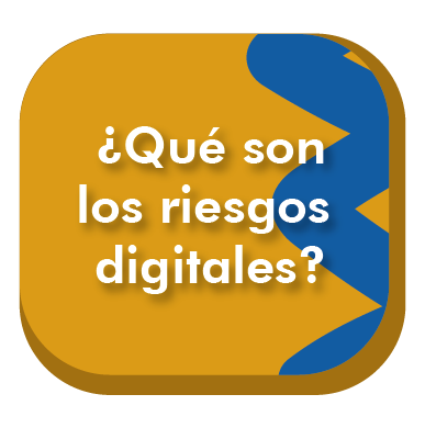 Es un pieza de diseño de fondo color amarillo quemado. en la parte derecha de abajo hacía arriba hay un figura en forma de espiral de color azul. En esta pieza hay un texto grande de color blanco con signos de pregunta que dice: ¿Qué son los riesgos digitales?