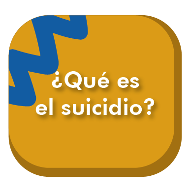Es una pieza de diseño de color amarillo quemado. en la esquina superior sobresale una figura en forma de espiral de color azul rey. En la pieza hay un texto blanco grande centrado con signo de pregunta que dice: ¿Qué es el suicidio?