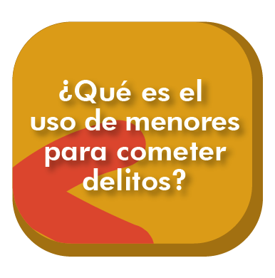 Es una pieza diseño de color amarillo quemado, en la parte izquierda inferior de la pieza hay una figura de color naranja en forma de V pero girada 90 grados hacía la izquierda. El texto de la pieza diseño es grande y está en signo de pregunta con una frase qué dice: ¿Qué es el uso de menores para cometer delitos?