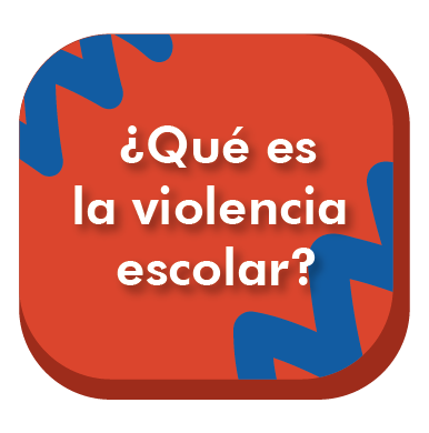 Es una pieza gráfica de color naranja. En la parte izquierda superior hay una figura en forma de espiral que toma toda la esquina de color azul. Y en la parte derecha inferior hay otra figura igual que toma toda la esquina. En la pieza hay un texto grande con letras blancas y en forma de pregunta que dice: ¿Qué es violencia escolar?
