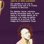 a imagen tiene un fondo morado con trazos en tonos naranjas. En la parte superior aparece el texto en letras blancas y amarillas que dice: **“¿Qué es un delito querellable? Son aquellos en los que la Fiscalía actúa solo si la víctima presenta la denuncia. Por ejemplo: injuria, calumnia, lesiones personales leves. En estos casos sí es posible desistir de la querella y en todos los delitos incluidos en el artículo 74 del Código de Procedimiento Penal.”** En la parte inferior derecha hay una ilustración de un hombre recibiendo un puñetazo en la cara, lo cual simboliza un ejemplo de lesiones personales leves, uno de los delitos mencionados. El mensaje busca explicar de forma pedagógica qué significa un delito querellable y en qué casos se puede desistir de la denuncia.