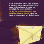 En esta imagen se observa un fondo morado con trazos en tonos naranjas. En la parte superior derecha aparece un texto en blanco y amarillo que dice: “Si un ciudadano retira una querella y posteriormente denuncia el mismo caso, el fiscal debe archivar de inmediato la nueva petición. La ley no permite denunciar dos veces los mismos hechos luego de haberse presentado un desistimiento.” En la parte inferior derecha hay una ilustración de una carpeta amarilla cerrada con cadenas y un candado, lo que simboliza el archivo o cierre definitivo de un caso. El mensaje comunica que una denuncia retirada no puede volver a presentarse por los mismos hechos.