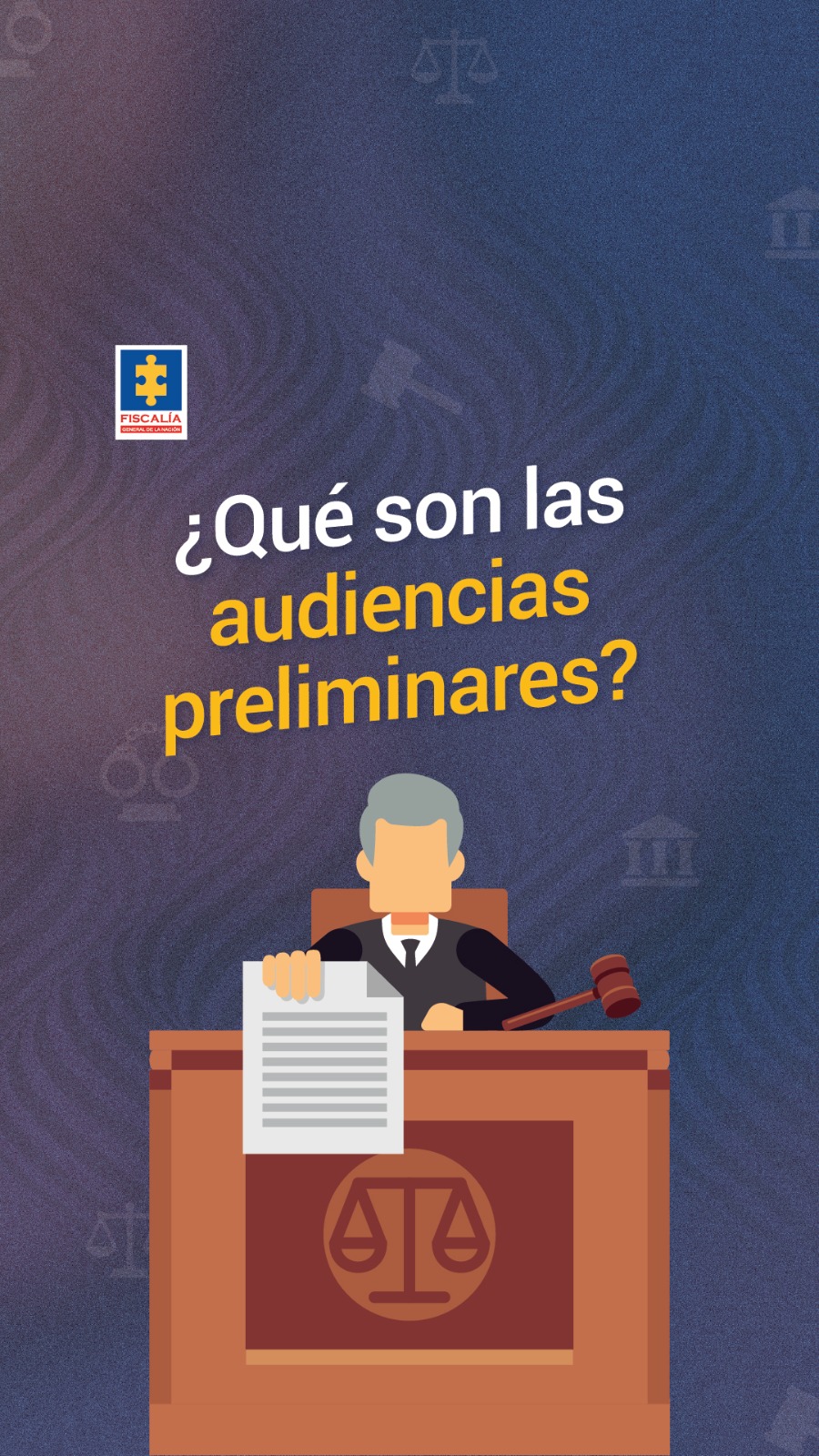 En la portada de la sección de redes sociales Judiccionario se ve el diseño gráfico de un juez, sentado en la silla de un tribunal, con un documento en la mano. Y arriba aparece un titular que dice: ¿Qué son las audiencias preliminares?