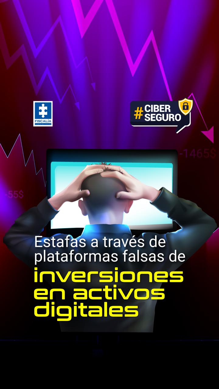 iamgen muestra a una persona de espaldas tocandose la cabeza con las dos manos en frente a un computador, se ve la frase "estafas a través de plataformas falsas de inversiones en activos digitales