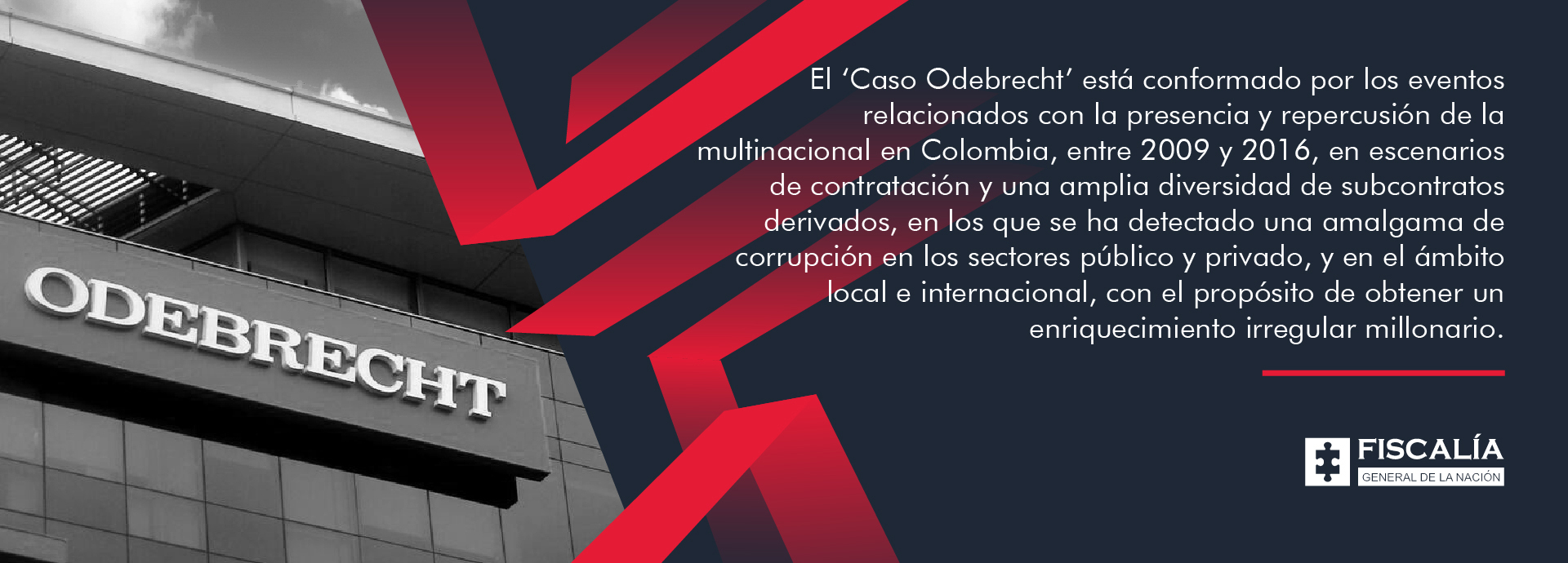 Lado izquierdo: Se muestra una fotografía en blanco y negro de un edificio moderno con el logotipo de ODEBRECHT en letras grandes y blancas. Lado derecho: El fondo es oscuro con líneas diagonales en rojo. En la parte superior derecha aparece un texto que explica el contexto del "Caso Odebrecht" en Colombia. El texto dice: "El 'Caso Odebrecht' está conformado por los eventos relacionados con la presencia y repercusión de la multinacional en Colombia, entre 2009 y 2016, en escenarios de contratación y una amplia diversidad de subcontratos derivados, en los que se ha detectado una amalgama de corrupción en los sectores público y privado, y en el ámbito local e internacional, con el propósito de obtener un enriquecimiento irregular millonario." En la parte inferior derecha se encuentra el logotipo de la Fiscalía General de la Nación de Colombia.