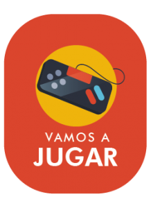 La imagen tiene un diseño vertical con fondo naranja oscuro y bordes redondeados. En el centro, se encuentra un control de consola de videojuegos en color negro sobre un círculo amarillo, lo que simboliza una actividad didáctica. Debajo del ícono, aparece el texto: "VAMOS A JUGAR", en letras mayúsculas. • La palabra "JUGAR" está destacada con un tamaño de fuente más grande y en color blanco, lo que le da mayor énfasis.