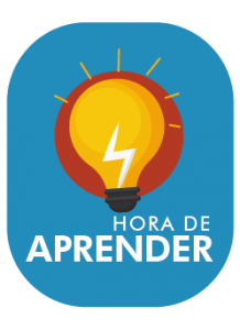 La imagen tiene un diseño vertical con fondo azul y bordes redondeados. En el centro, se encuentra un bombillo en color amarillo sobre un círculo vino tinto, lo que simboliza el foco de conocimiento. Debajo del ícono, aparece el texto: "HORA DE APRENDER", en letras mayúsculas. • La palabra "APRENDER" está destacada con un tamaño de fuente más grande y en color blanco, lo que le da mayor énfasis.