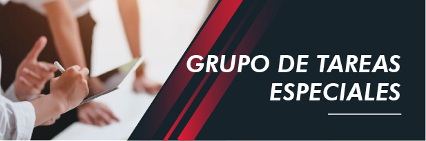 La imagen presenta un diseño gráfico institucional y profesional. A la izquierda se observa una fotografía parcialmente desenfocada de varias personas reunidas, aparentemente en una reunión de trabajo o discusión técnica. Una persona sostiene una tableta mientras otra escribe o señala con un bolígrafo. A la derecha, sobre un fondo oscuro con franjas diagonales en tonos rojo y negro, se encuentra el texto en mayúsculas blancas que dice: "GRUPO DE TAREAS ESPECIALES".