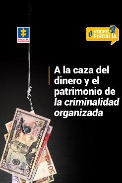 La imagen es un fondo negro con unos billetes de 20 dóilares y un texto que dice A la caza del dinero y el patrimonio de la criminalidad organizada. En la parte derecha superior el logot de la fiscalía y en la parte superior izquierda una figura amarilla con un texto que dice voces fiscalía